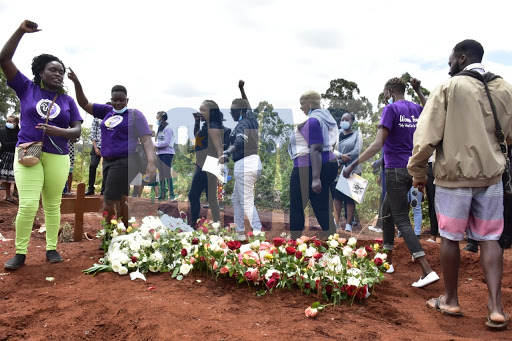 Feminist for Peace,Rights and Justice Center Kibera lead by Editar Ochieng sing and and chant around the grave of the late lgbt activist Kawira Mwirichia during her burial at Lang'ata cemetery on November 10,2020/ MERCY MUMO