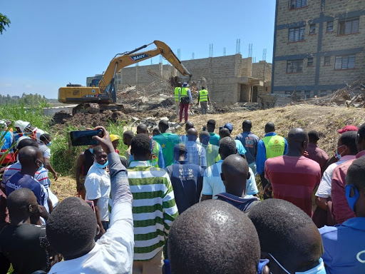 Rescue mission underway at a two-storey building which collapsed at Mamboleo Estate in Kisumu on September 13, 2021.