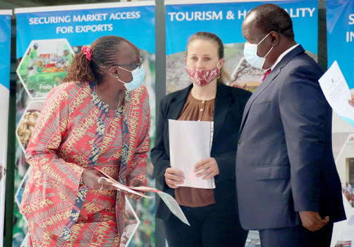 Industry, and Trade CS Betty Maina, Rebecca Fisher-Lamb  UK Deputy Trade Commissioner for Africa and Interior CS Fred Matiang'i outside  Harambee House on November 3, 2020.