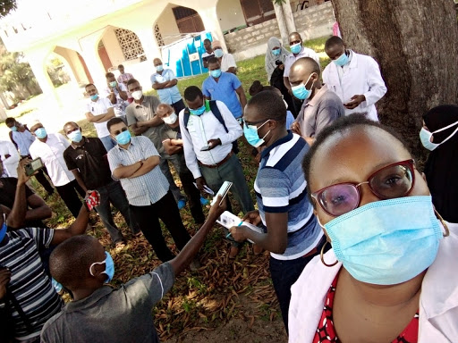 Striking medics at the King Fahad hospital on Tuesday.