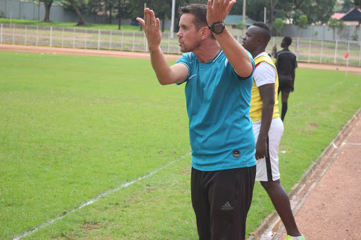 Nairobi City Stars coach Sanjin Alagic shouts instructions to his players during an NSL game at Gusii Stadium against Shabana.