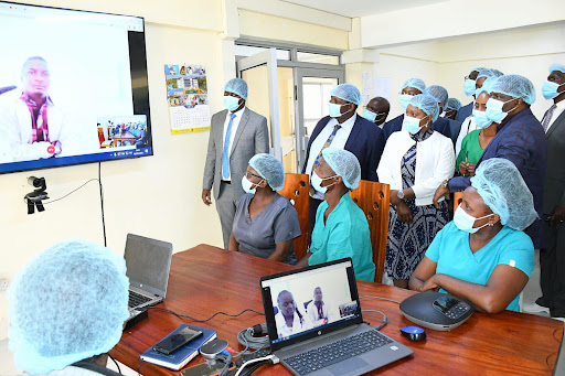 Health CS Susan Wafula and Tharaka Nithi Governor Muthomi Njuki being taken through the telemedicine platform on February 6, 2023