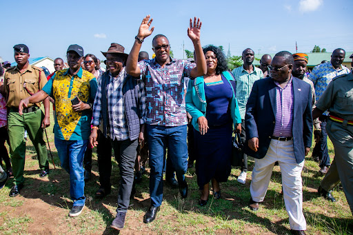 ICT cabinet Secretary Eliud Owalo accompanied by a host of leaders during El Nino relief food distribution in Ombaka area of Nyando Constituency and Kagwa in Uyoma, Rarieda Constituency, December 7, 2023.