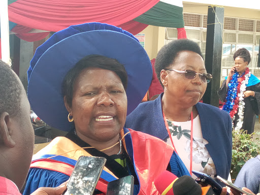  Machakos Teachers college chief principal Lucy Mugambi addresses the press during their 59th graduation ceremony. 