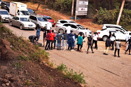 UoN students block Waiyaki Way following a demonstration over the recent fee hike on July 13, 2021.