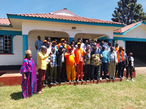 Siaya county governor James Orengo (centre in floral shirt)  with Siaya ODM Coordinating Committee officials at the Governor's campaign Secretariat offices in Siaya town on Sunday, May 28, 2023.