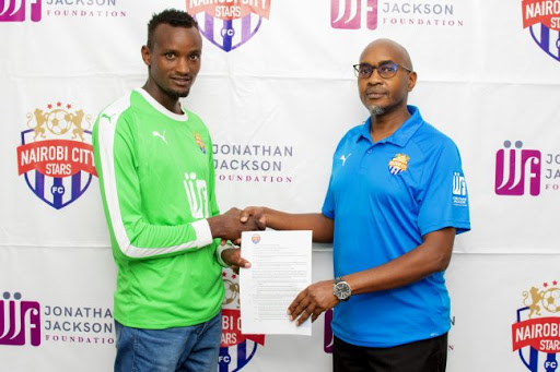 Goal keeper Steve Njunge when he was unveiled by the club's CEO Patrick Korir at the club's offices