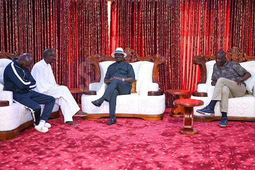 Azimio leader Raila Odinga with Pastor Ezekiel Odero inside the preacher's mansion in Kilifi County on Saturday, May 6, 2023.