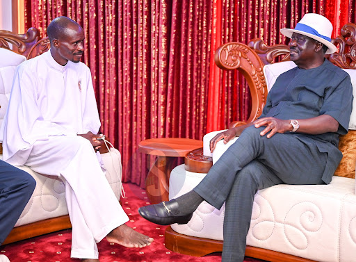 Azimio leader Raila Odinga with Pastor Ezekiel Odero inside the preacher's mansion in Kilifi County on Saturday, May 6, 2023.