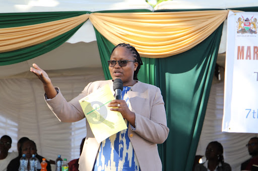 IAWJ Kenya Chapter regional representative Noelle Kyanya speaking during a sensitization forum on Sexual and Gender Based Violence (SGBV) at Kibera Law Courts, Nairobi on December 7, 2023