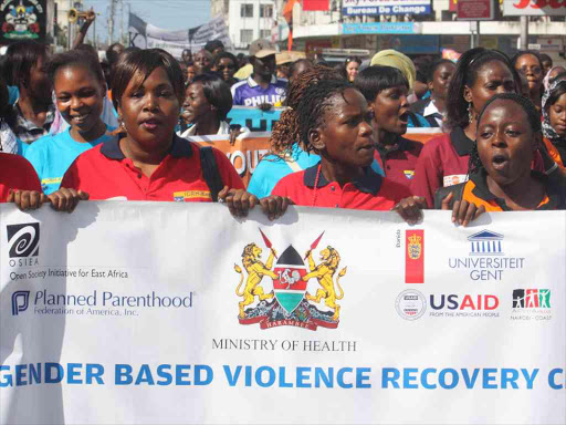 Representatives of gender-based violence organisations protest on Nkrumah Road in Mombasa.