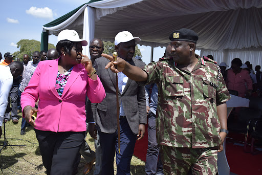 Homa Bay Governor Gladys Wanga, CS Roads and Transport Kipchumba Murkomen and Homa Bay county commissioner Moses Lilan in Kabunde, Homa Bay town on June 12,2023