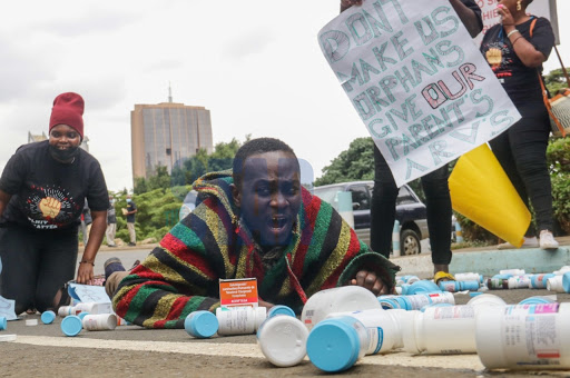 HIV/AIDS activists during a peaceful demonstration from Uhuru Park to the Ministry of Health headquarters, Afya House Upperhill. 