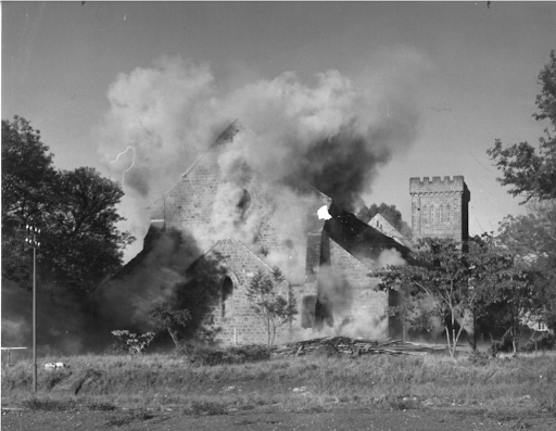 A permanent structure of St Stephen's Cathedral being demolished using dynamite