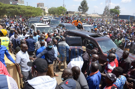 ODM party leader Raila Odinga accompanied by former Starehe MP Maina Kamanda and other ODM officials after a church service at Soweto Catholic Church, Lower Savannah Nairobi on January 17, 2020.