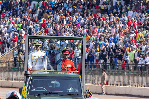 President William Ruto arriving for Madaraka Day celebrations at Masinde Muliro Stadium June 1, 2024 