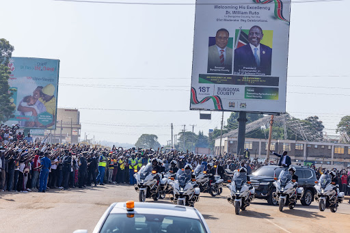 President William Ruto arriving for Madaraka Day celebrations at Masinde Muliro Stadium June 1, 2024 