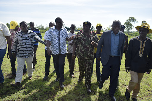 Leaders Martin Ogindo, CS Eliud Owalo, Homa Bay commissioner Moses Lilan and  Odoyo Owidi at Nyatoto trading centre in Suba South constituency on May 7,2023