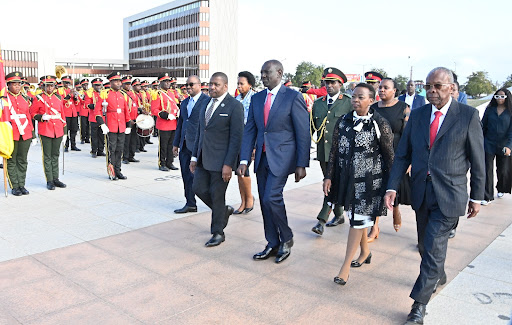 President William Ruto and First Lady Rachel Ruto are received on Thursday upon arrival in Maputo on Thursday, August 10, 2023.