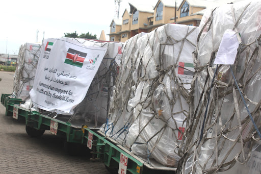 Food and non-food relief items donated by UAE for flood victims in Kenya arrive at JKIA on Thursday, May 3, 2024.