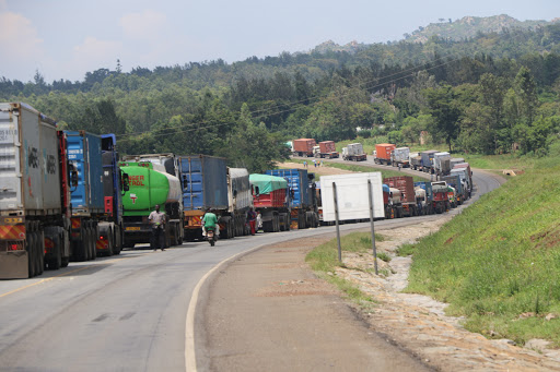 Long distance trucks line up along the Amagoro-Malaba Highway as they
wait to cross the border to Uganda 