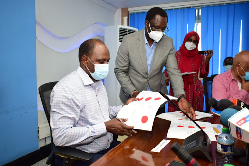 Treasury Cabinet Secretary Ukur Yatani during the signing of the framework agreement between Kenya Ports Authority, Kenya Pipeline Company and Kenya Railways at port of Mombasa on Tuesday.