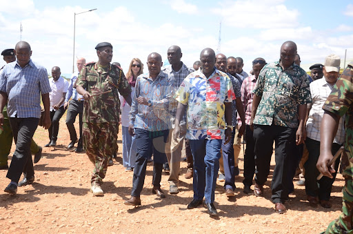 Deputy President Rigathi Gachagua with Interior CS Kithure Kindiki and Mandera and Mohamed Adan Khalif during the launch of the Kenya-Somalia-Ethiopia Borderlands project that is supported by the UK government in Mandera on May 11 2023.