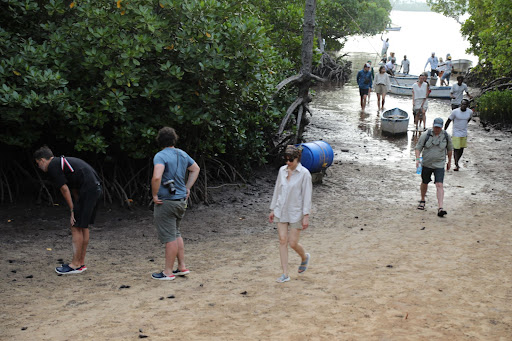 Tourists walk out of Dabaso creek channel after a canoe ride