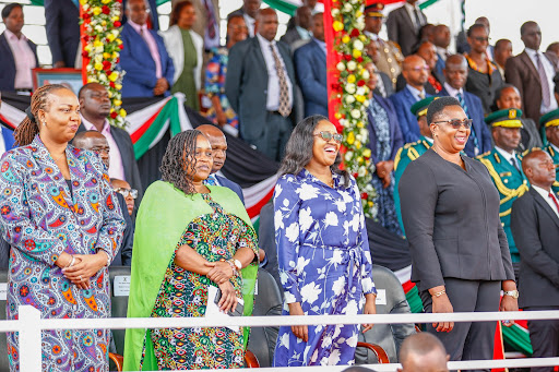 Nakuru Governor Susan Kihika an Gender CS Aisha Jumwa at the NYS  pass out parade ceremony at the Gilgil training academy in Nakuru on March 3, 2023