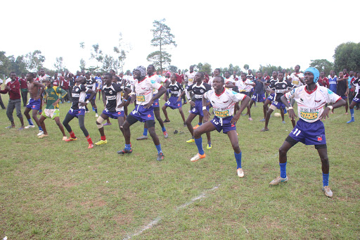 Nduru Boys High School perform a haka after winning Gucha South Sub County title.