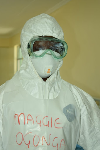 Nurse Maggy Ogonga of Mbagathi County Hospital in protective gear for coronavirus. 