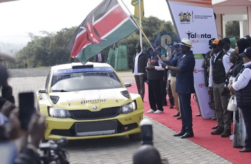 President William Ruto flags off the 2023 WRC Safari Rally in Naivasha on June 21, 2023. 