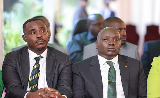 UDA Secretary General Cleophas Malala and Nandi Senator Samson Cherergei  during a Parliamentary group meeting at State House, Nairobi on November 7, 2023