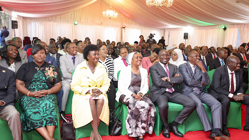 Kenya Kwanza Leaders listening  as President William Ruto speaks during a Parliamentary group meeting at State House, Nairobi on November 7, 2023