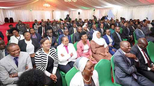 Kenya Kwanza Leaders listening  as President William Ruto speaks during a Parliamentary group meeting at State House, Nairobi on November 7, 2023